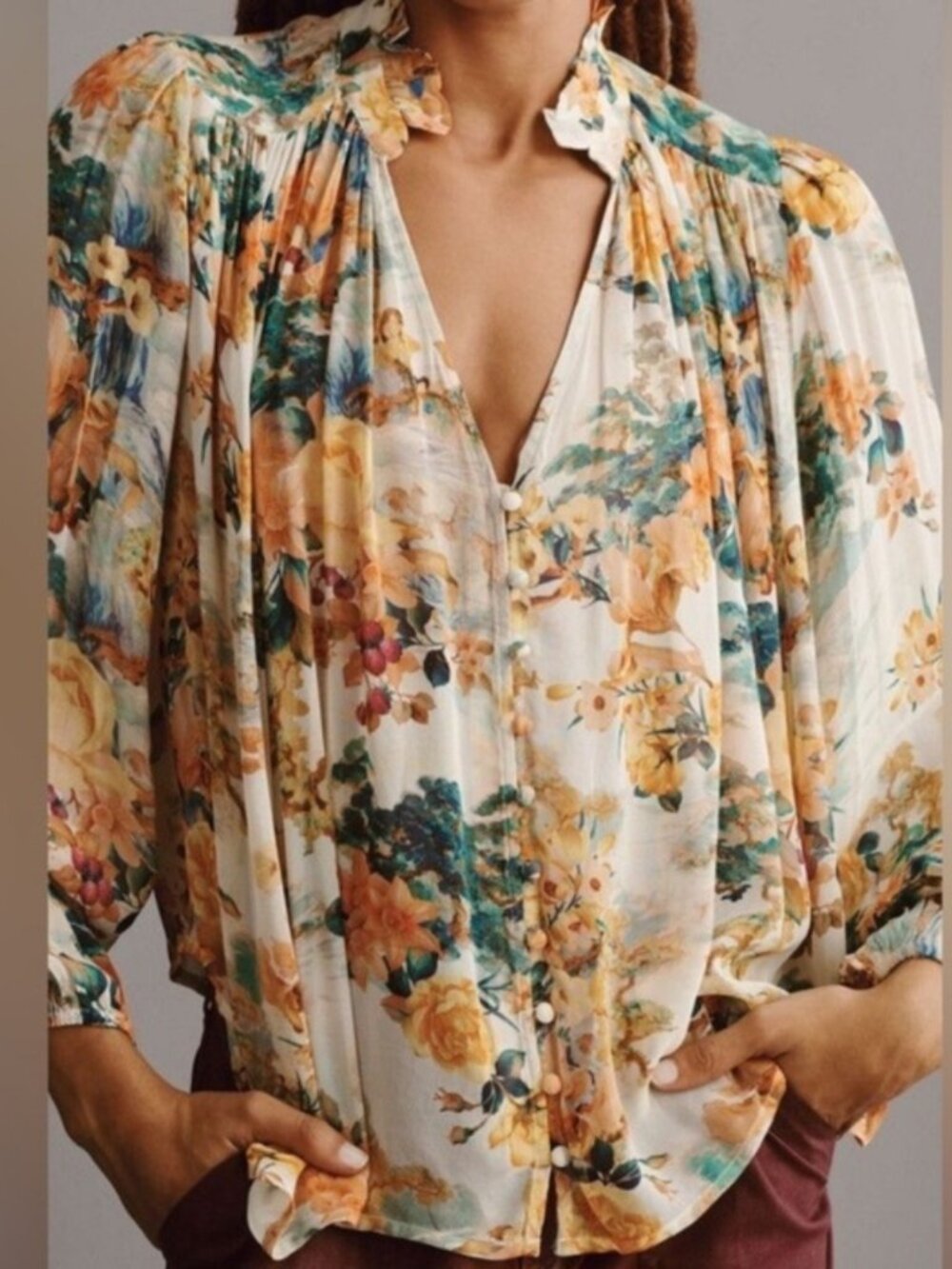 Anthropologie Estela Sheer Printed Button-down blouse Orange Multi size XL